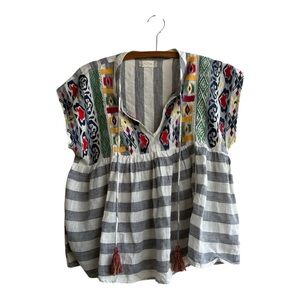 Altar'd State Gray Striped Embroidered Blouse